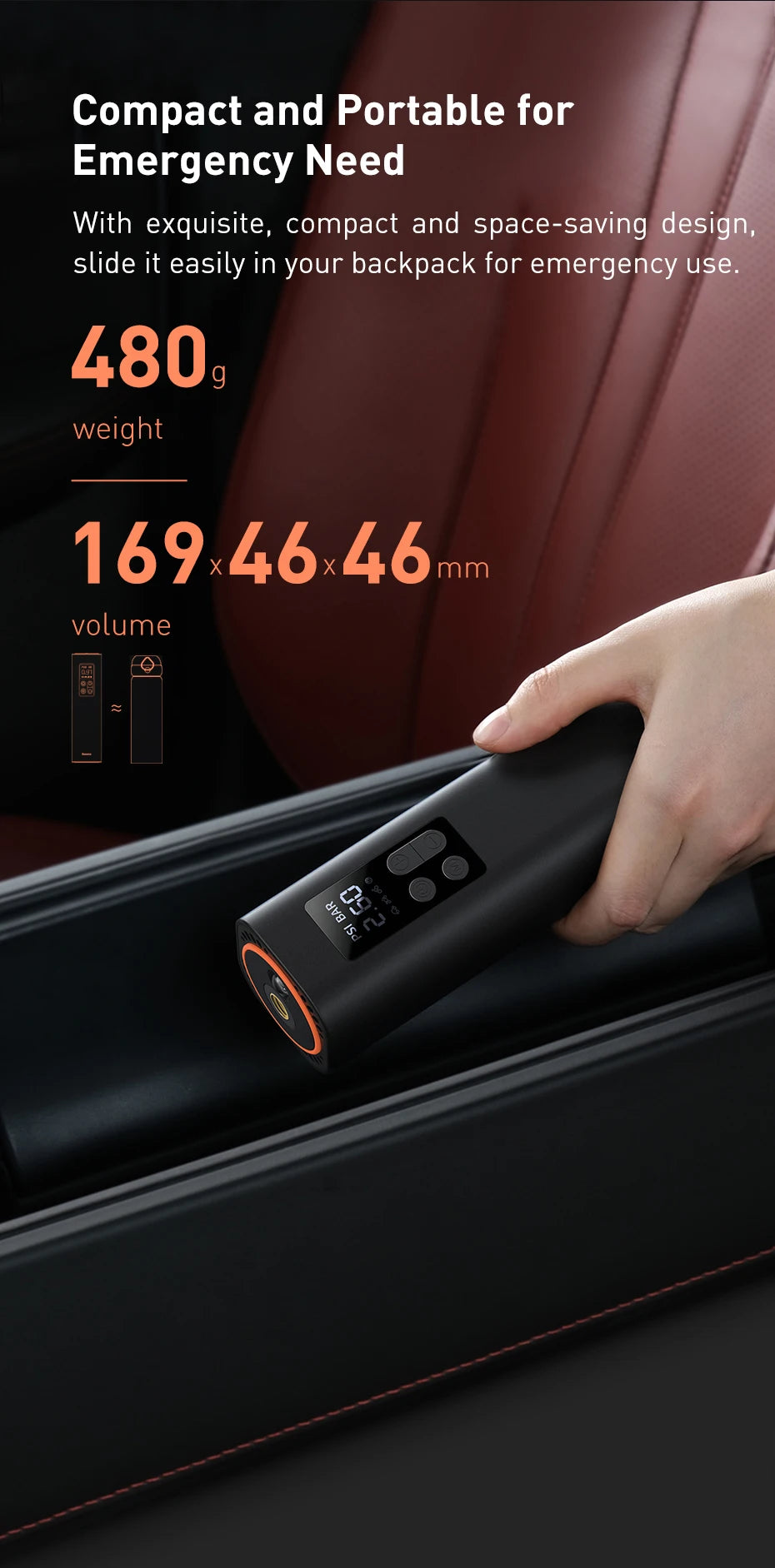 Baseus Super Mini Portable Tire Inflator Air Compressor with Digital Display – Car, Bike & Motorcycle Air Pump – Black