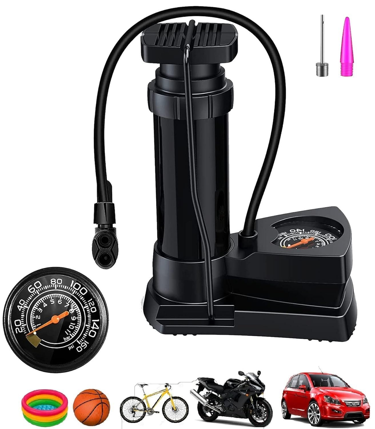 Foot & Hand Air Pump with Pressure Gauge – Manual Tyre Inflator Pump for Car, Bike, Bicycle & Motorcycle